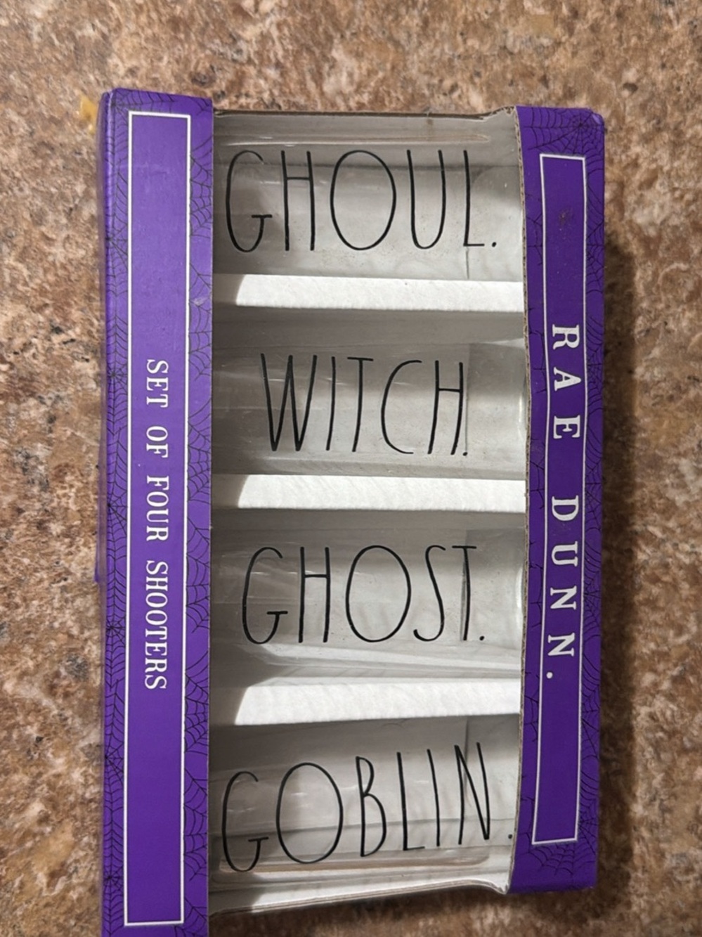 Rae Dunn Halloween Shot Glass Set - Ghoul Witch Ghost Goblin (Purple)